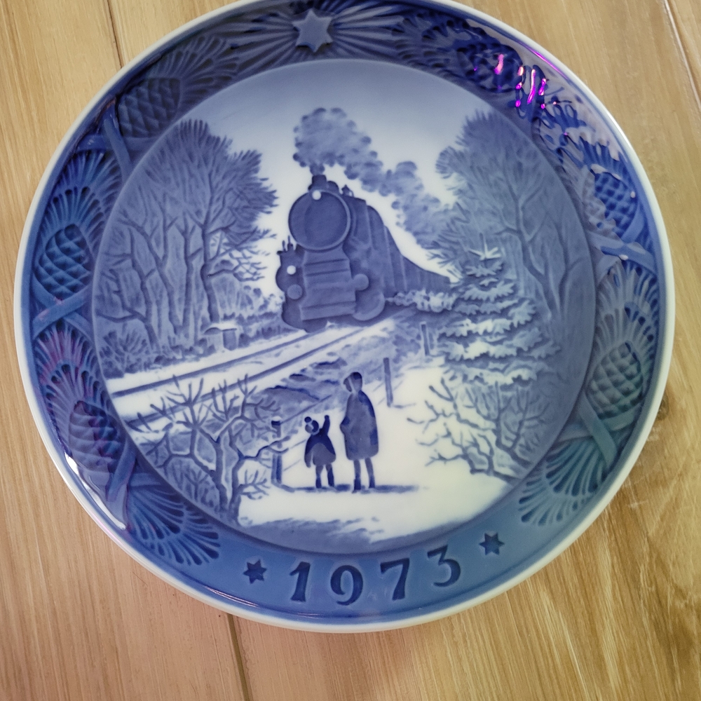 Blue Decorative Plate with Train Design